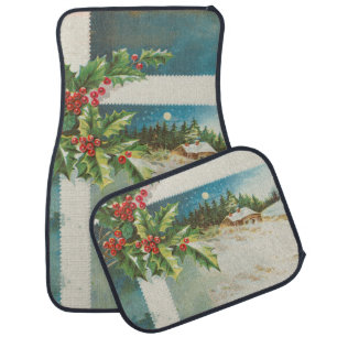 Christmas Scene Holly Snow Winter Car Floor Mat