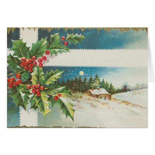 Christmas Scene Holly Snow Winter Cards (Front Horizontal)