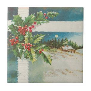 Christmas Scene Holly Snow Winter Ceramic Tile