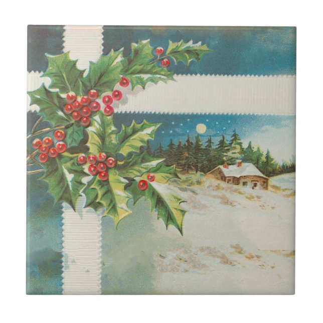 Christmas Scene Holly Snow Winter Ceramic Tile (Front)