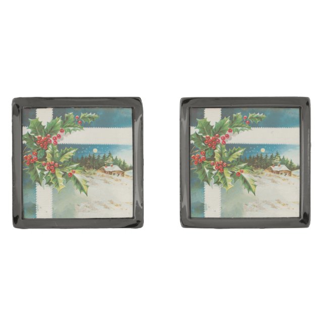 Christmas Scene Holly Snow Winter Cufflinks (Front)