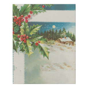Christmas Scene Holly Snow Winter Faux Canvas Print