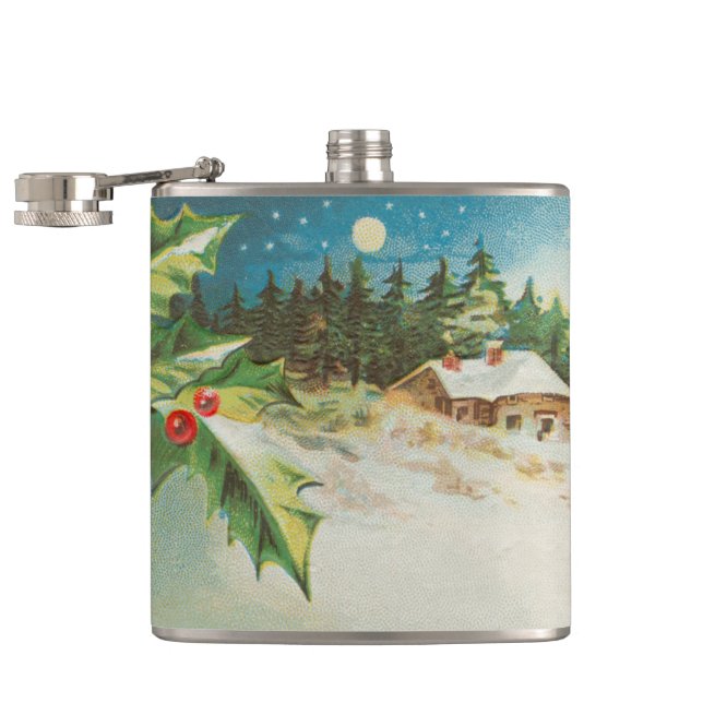 Christmas Scene Holly Snow Winter Flask (Opened)