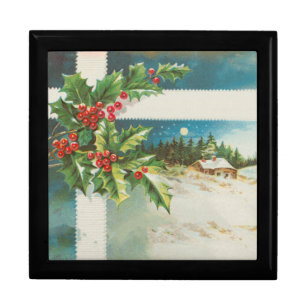 Christmas Scene Holly Snow Winter Gift Box