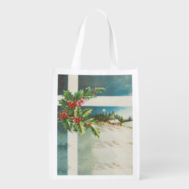 Christmas Scene Holly Snow Winter Grocery Bag (Back)