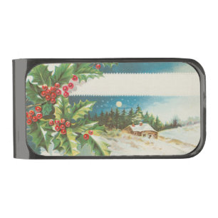 Christmas Scene Holly Snow Winter Gunmetal Finish Money Clip