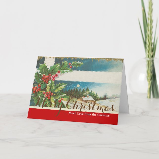 Christmas Scene Holly Snow Winter Holiday Card (Front)