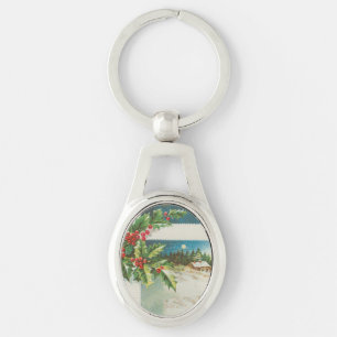 Christmas Scene Holly Snow Winter Keychain