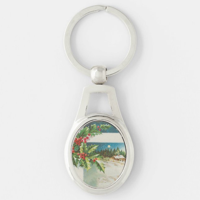 Christmas Scene Holly Snow Winter Keychain (Front)