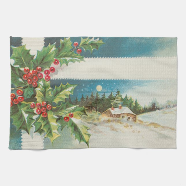 Christmas Scene Holly Snow Winter Kitchen Towel (Horizontal)
