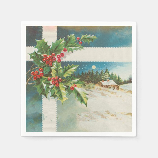 Christmas Scene Holly Snow Winter Napkins (Front)