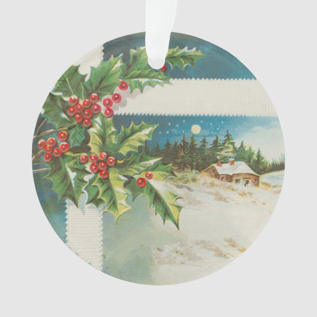 Christmas Scene Holly Snow Winter Ornament (Front)