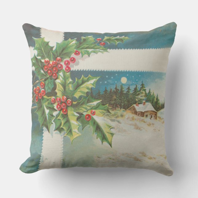 Christmas Scene Holly Snow Winter Outdoor Pillow (Front)