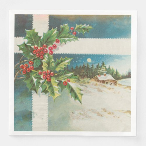 Christmas Scene Holly Snow Winter Paper Dinner Napkins