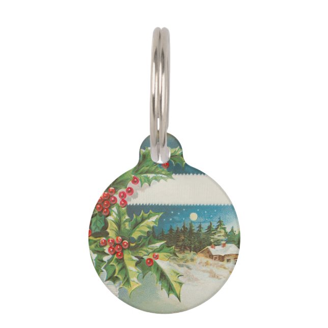 Christmas Scene Holly Snow Winter Pet ID Tag (Front)
