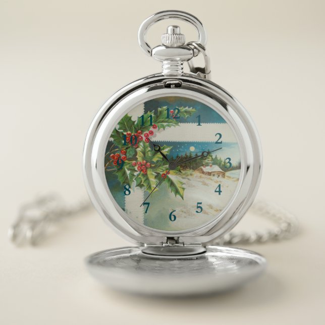 Christmas Scene Holly Snow Winter Pocket Watch (Inside)