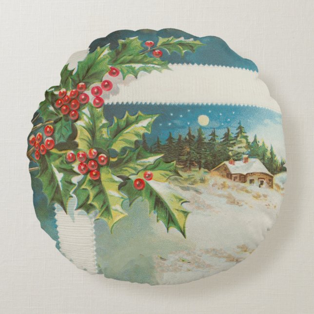 Christmas Scene Holly Snow Winter Round Pillow (Front)