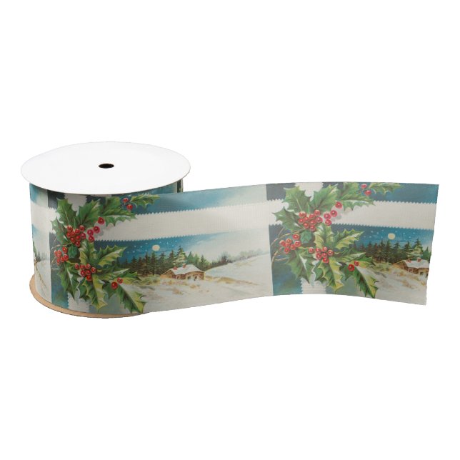 Christmas Scene Holly Snow Winter Satin Ribbon (Spool)
