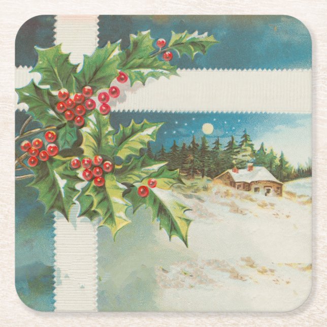Christmas Scene Holly Snow Winter Square Paper Coaster (Front)