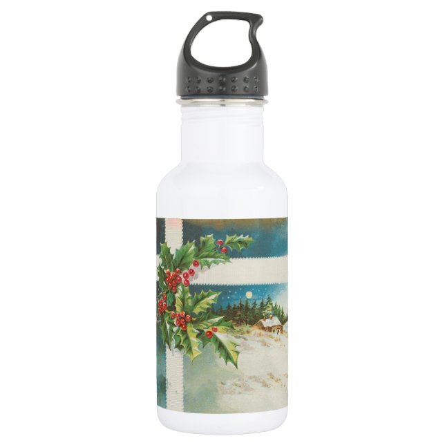 Christmas Scene Holly Snow Winter Stainless Steel Water Bottle (Front)