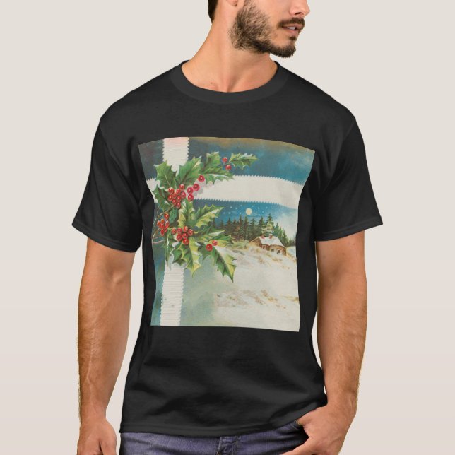 Christmas Scene Holly Snow Winter T-Shirt (Front)