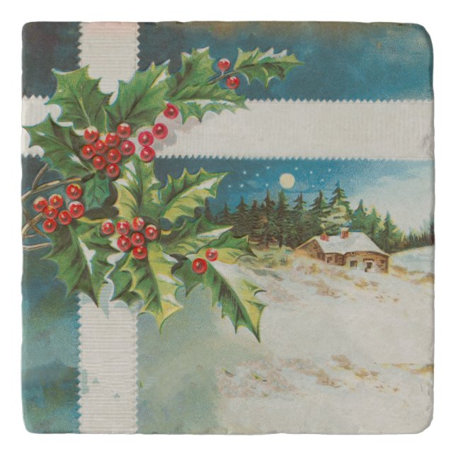 Christmas Scene Holly Snow Winter Trivet (Front)