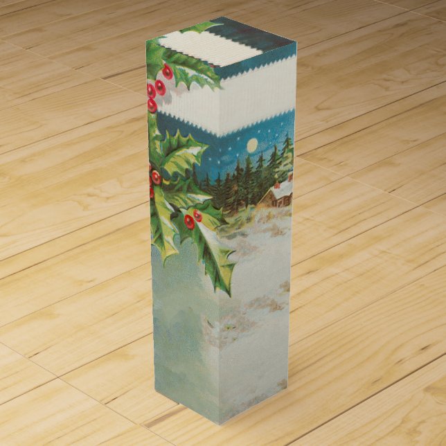 Christmas Scene Holly Snow Winter Wine Box (Front)