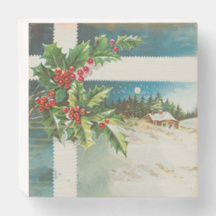 Christmas Scene Holly Snow Winter Wooden Box Sign
