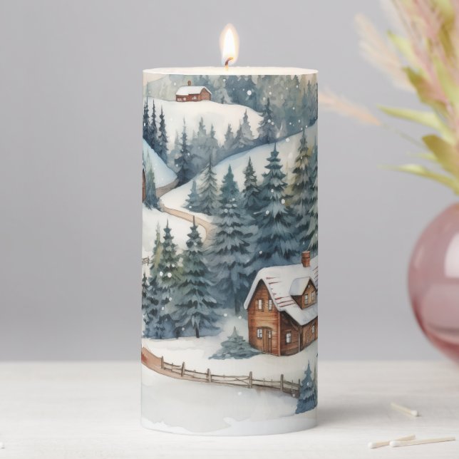 Christmas Scene in the Mountains Pillar Candle (In Situ)