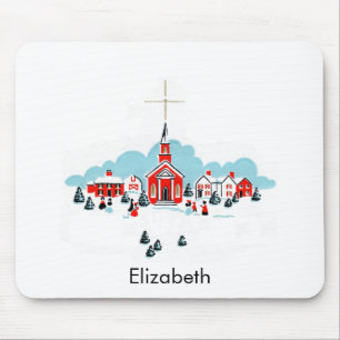 Christmas Scene with a Red Church and Star Above Mouse Pad