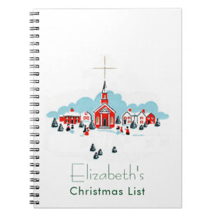 Christmas Scene with a Red Church and Star Above Notebook