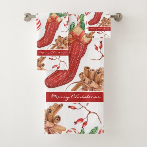Christmas Scents Cinnamon and Peppermint Pattern Bath Towel Set