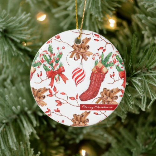 Christmas Scents Cinnamon and Peppermint Pattern Ceramic Ornament