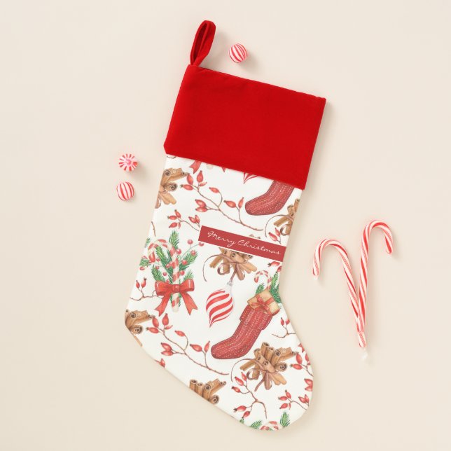 Christmas Scents Cinnamon and Peppermint Pattern Christmas Stocking (Front)