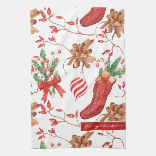 Christmas Scents Cinnamon and Peppermint Pattern Kitchen Towel