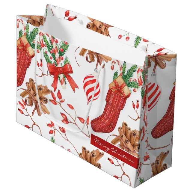 Christmas Scents Cinnamon and Peppermint Pattern Large Gift Bag (Front Angled)