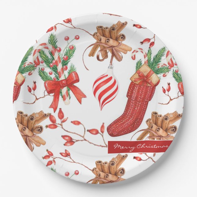 Christmas Scents Cinnamon and Peppermint Pattern Paper Plates (Front)