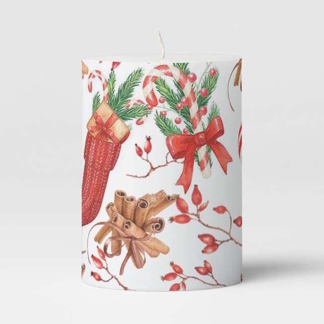 Christmas Scents Cinnamon and Peppermint Pattern Pillar Candle (Front)