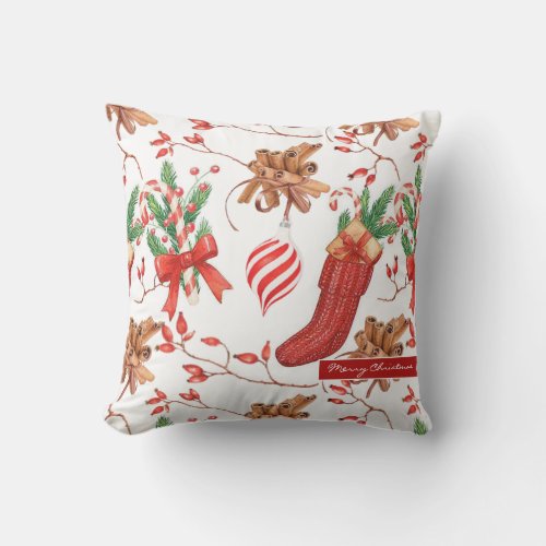 Christmas Scents Cinnamon and Peppermint Pattern Throw Pillow