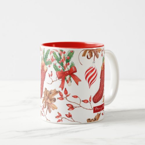 Christmas Scents Cinnamon and Peppermint Pattern Two_Tone Coffee Mug
