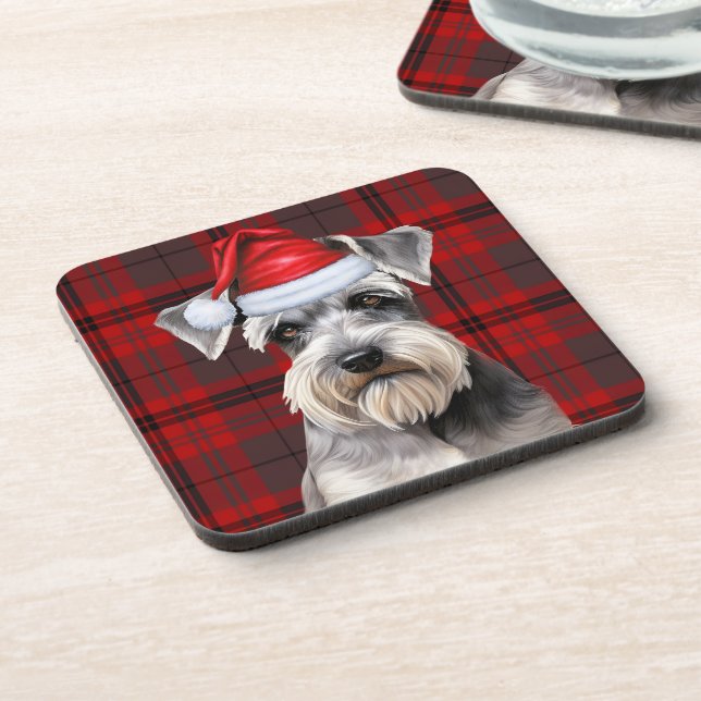 Christmas Schnauzer Dog Red Plaid Holiday Beverage Coaster (Left Side)
