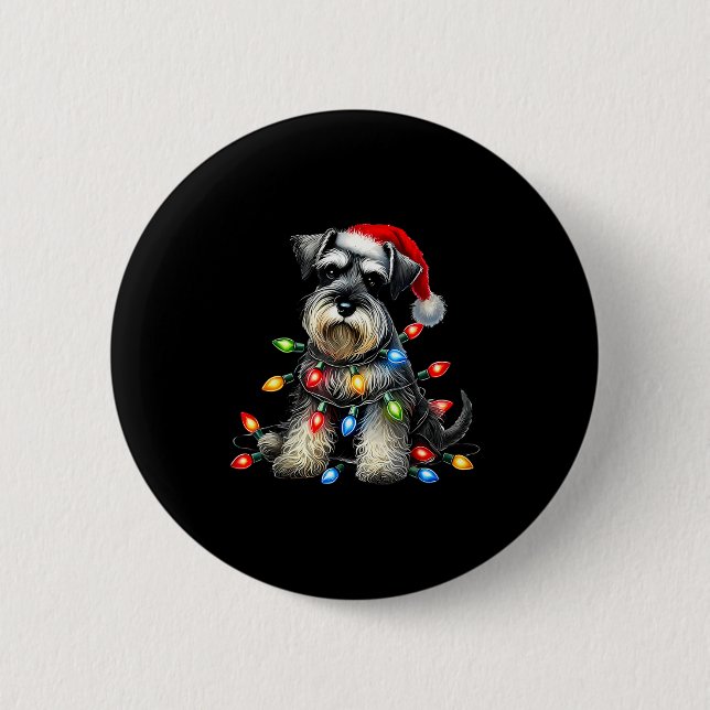 Christmas Schnauzer Dog Santa Hat Xmas Light Holid Button (Front)