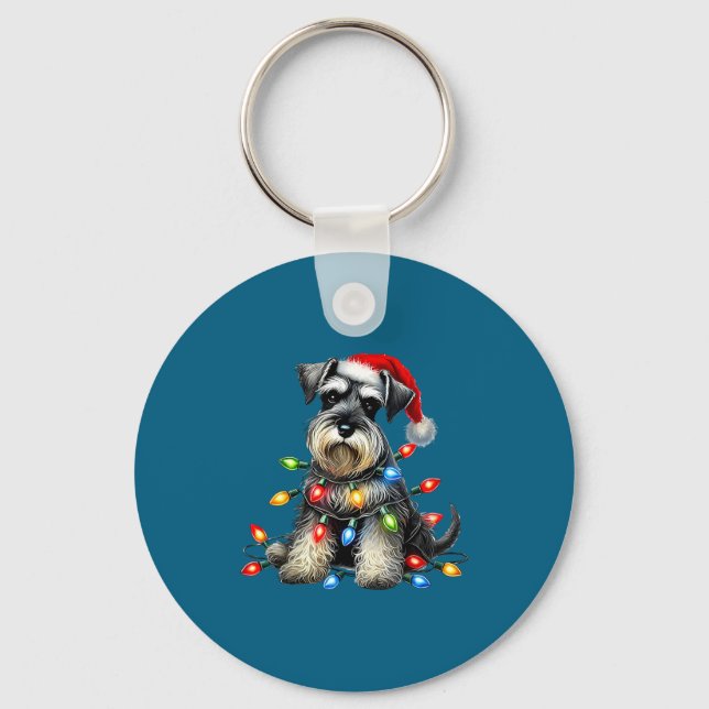 Christmas Schnauzer Dog Santa Hat Xmas Light Holid Keychain (Front)