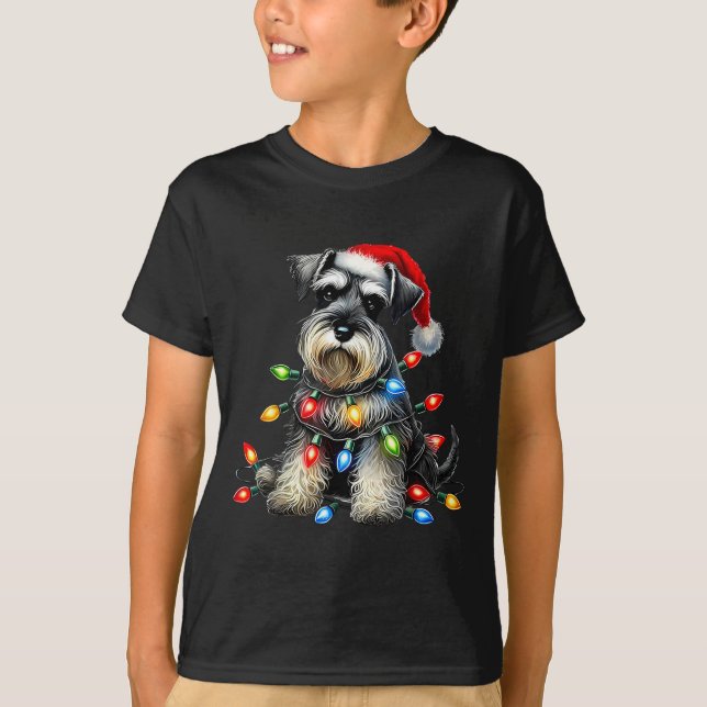 Christmas Schnauzer Dog Santa Hat Xmas Light Holid T-Shirt (Front)