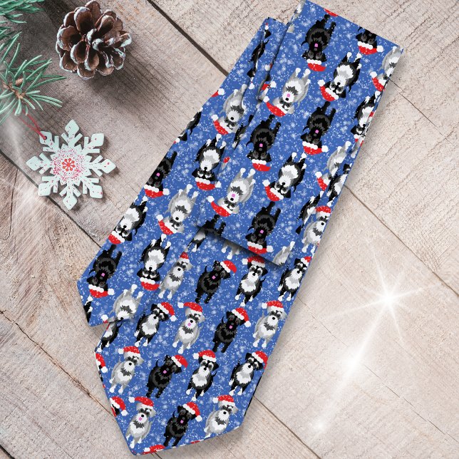 Christmas Schnauzers in Santa Hats Blue Background Neck Tie (Creator Uploaded)