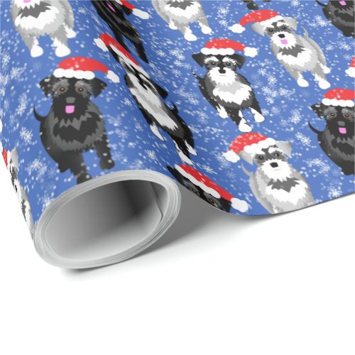 Christmas Schnauzers in Santa Hats Blue Snowflakes Wrapping Paper