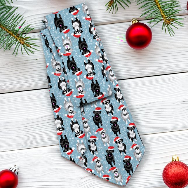 Christmas Schnauzers in Santa Hats Light Blue Neck Tie (Creator Uploaded)