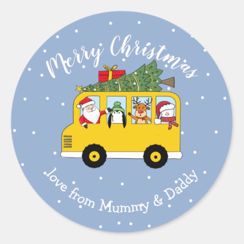 christmas school bus santa child gift wrapping classic round sticker