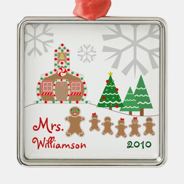 Christmas Schoolhouse Scene - Gingerbread Teacher Metal Ornament (Front)