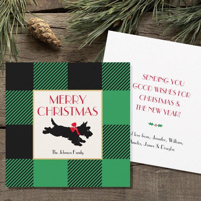 Christmas Scottie Dog Buffalo Plaid Green Flat Note Card (Creator Uploaded)